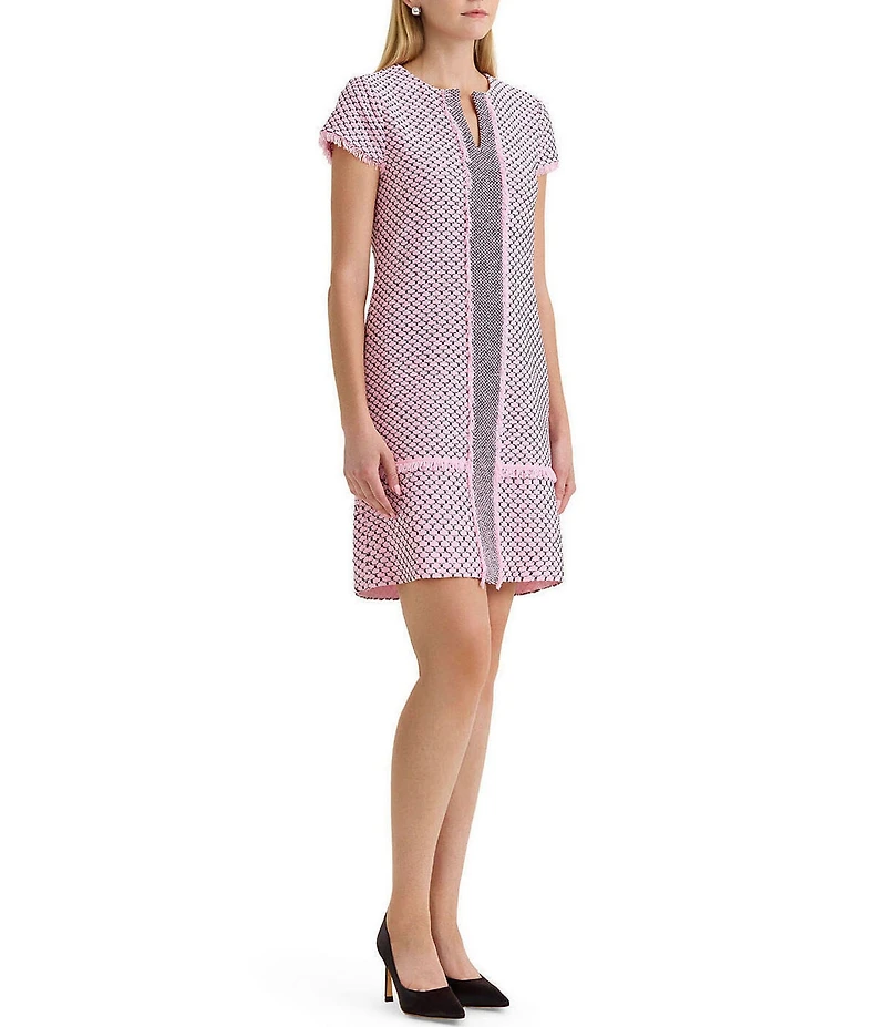 Ming Wang x Family Savvy Shell Stitch Fringe Accent Split V-Neck Cap Sleeve Dress
