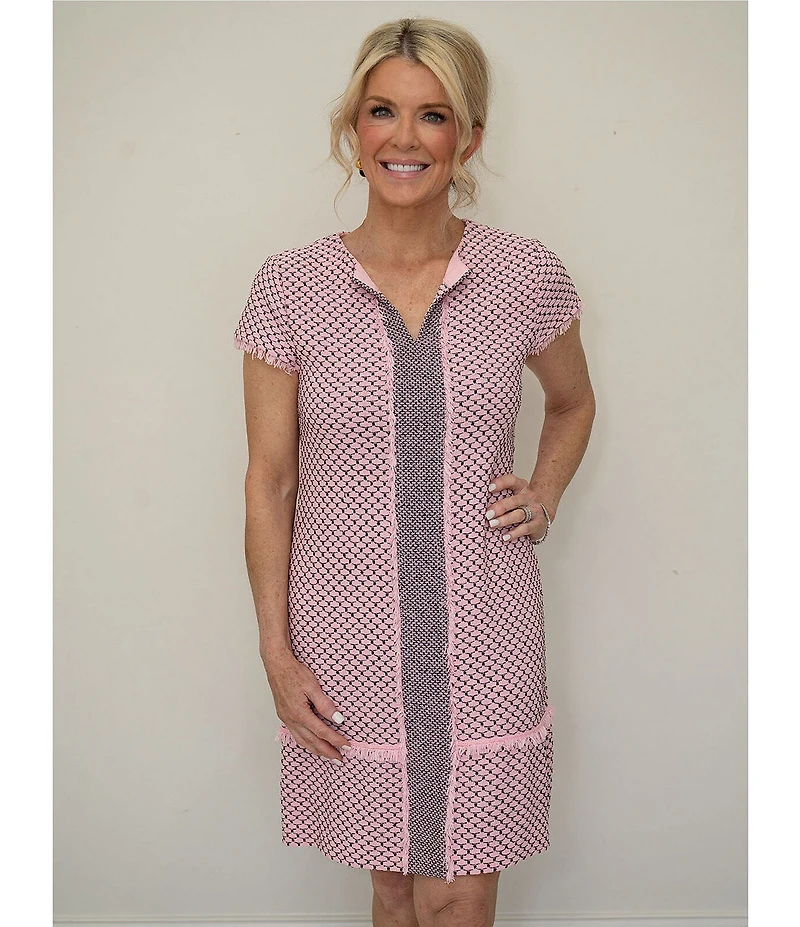 Ming Wang x Family Savvy Shell Stitch Fringe Accent Split V-Neck Cap Sleeve Dress