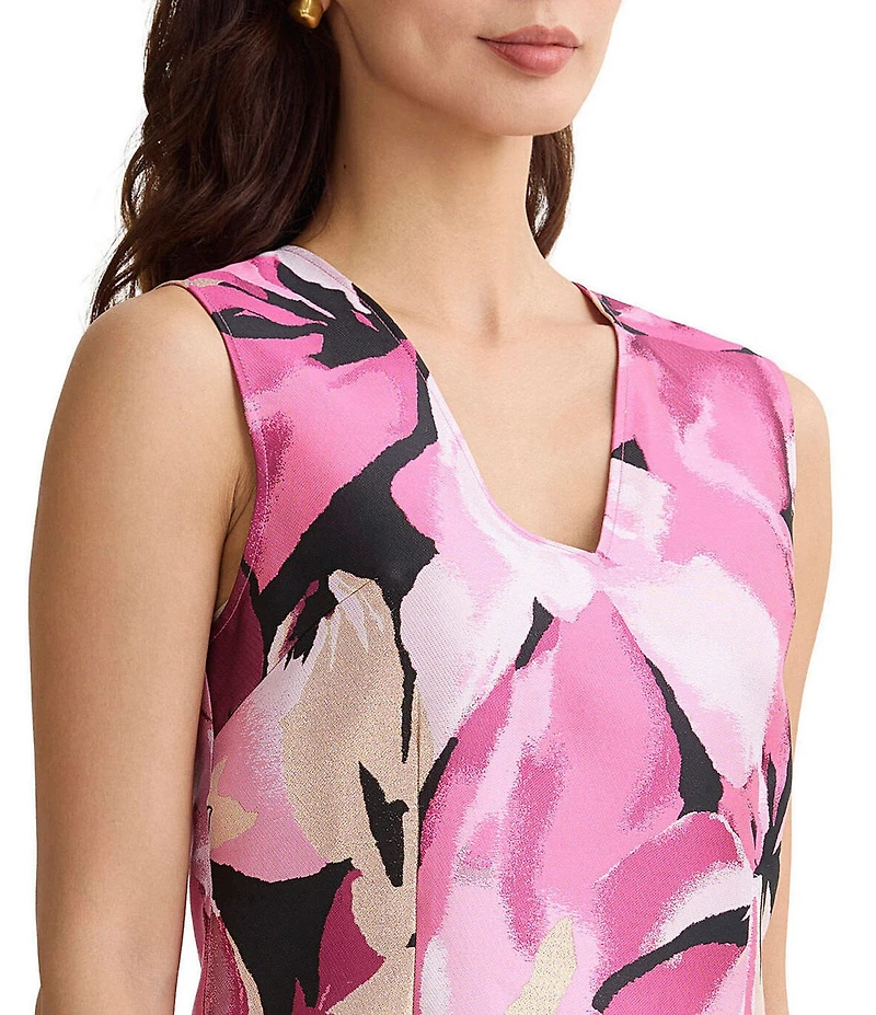 Ming Wang x Family Savvy Shimmer Lined Floral Jacquard V-Neck Sleeveless Sheath Dress