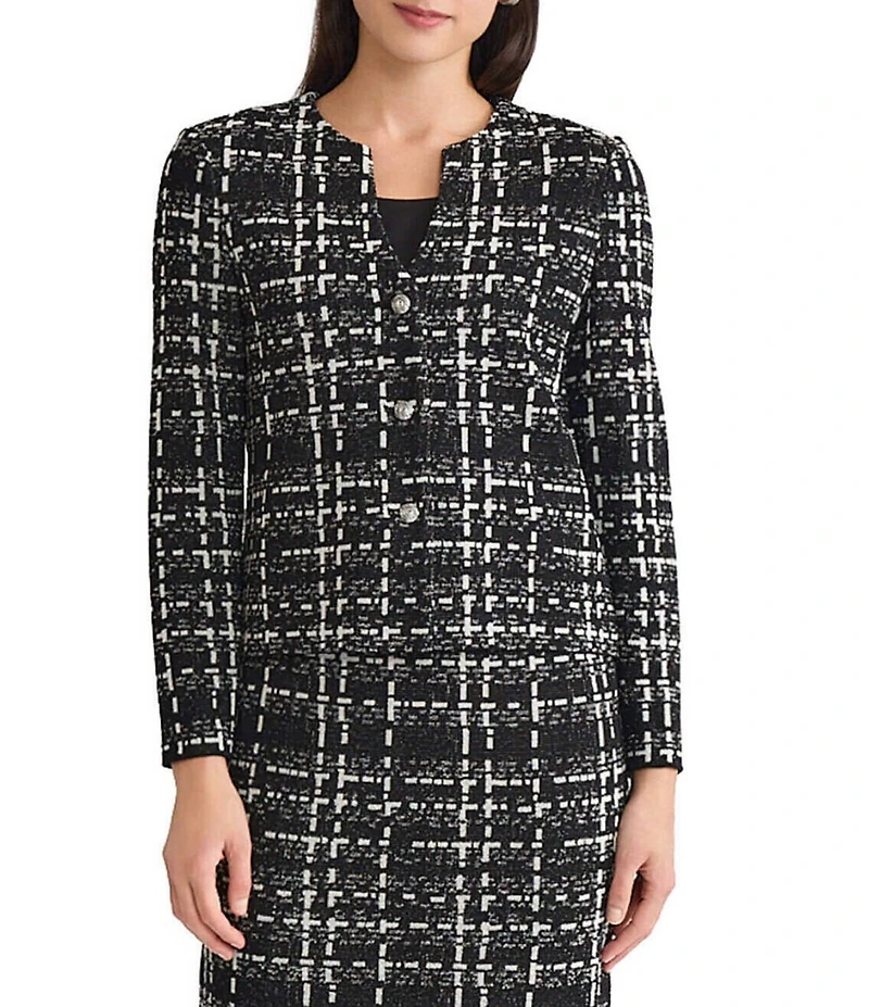 Ming Wang x Tanya Foster Checkered Jacquard Knit Round Neck Long Sleeve Jacket