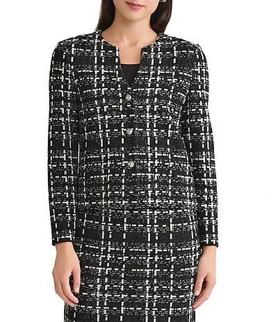 Ming Wang x Tanya Foster Checkered Jacquard Knit Round Neck Long Sleeve Jacket