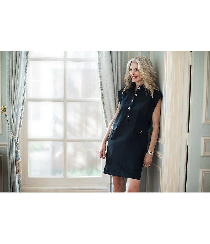 Ming Wang x Tanya Foster Cotton Blend Utility Cap Sleeve Shift Dress