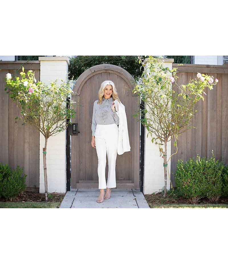 Ming Wang x Tanya Foster Cotton Pinstripe Point Collar Water Fall Long Sleeve Blouse