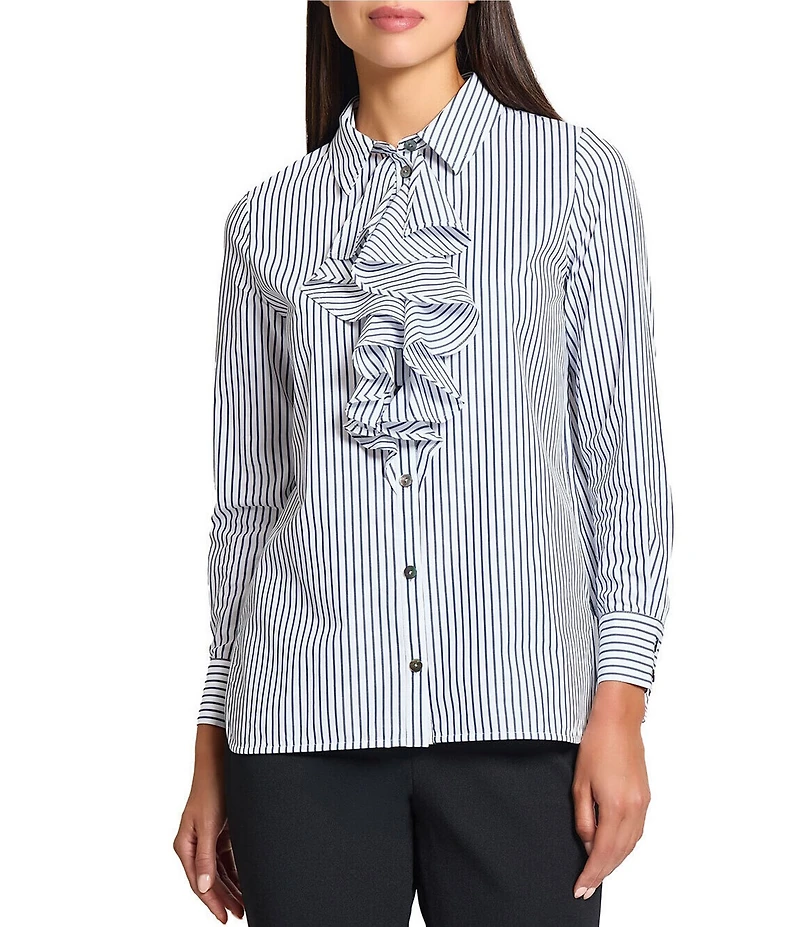 Ming Wang x Tanya Foster Cotton Pinstripe Point Collar Water Fall Long Sleeve Blouse