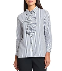 Ming Wang x Tanya Foster Cotton Pinstripe Point Collar Water Fall Long Sleeve Blouse