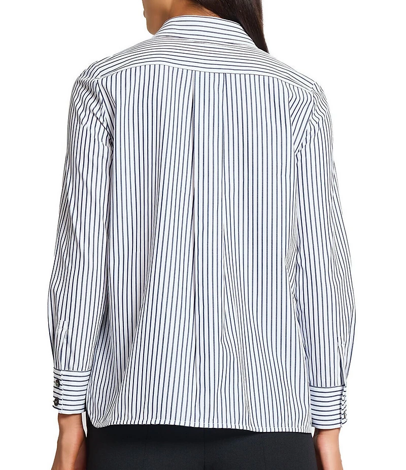 Ming Wang x Tanya Foster Cotton Pinstripe Point Collar Water Fall Long Sleeve Blouse