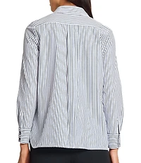 Ming Wang x Tanya Foster Cotton Pinstripe Point Collar Water Fall Long Sleeve Blouse