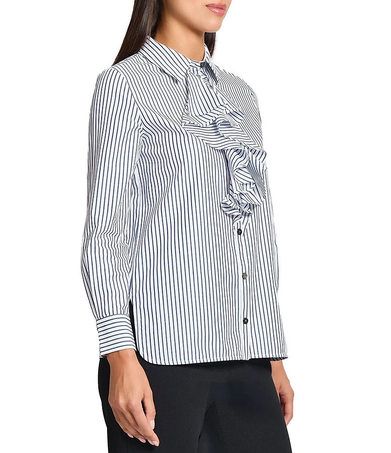 Ming Wang x Tanya Foster Cotton Pinstripe Point Collar Water Fall Long Sleeve Blouse