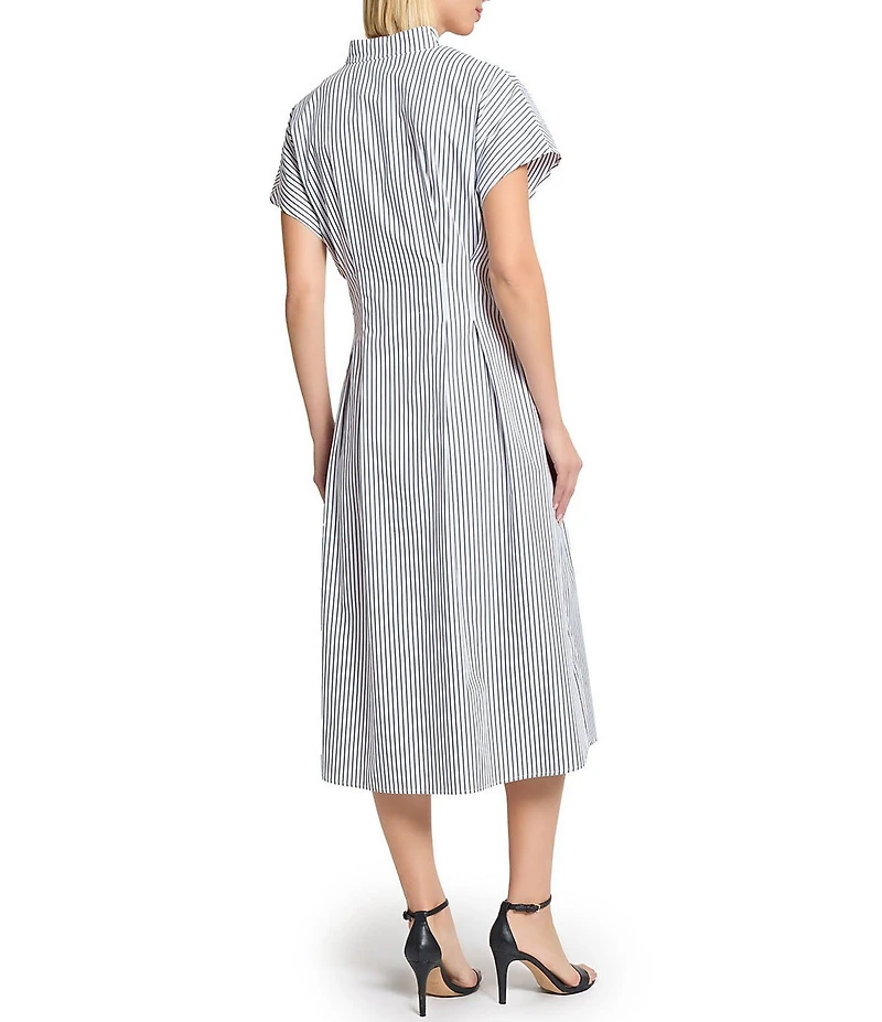 Ming Wang x Tanya Foster Cotton Pinstripe Stand Collar Short Sleeve Fit-And-Flare Dress