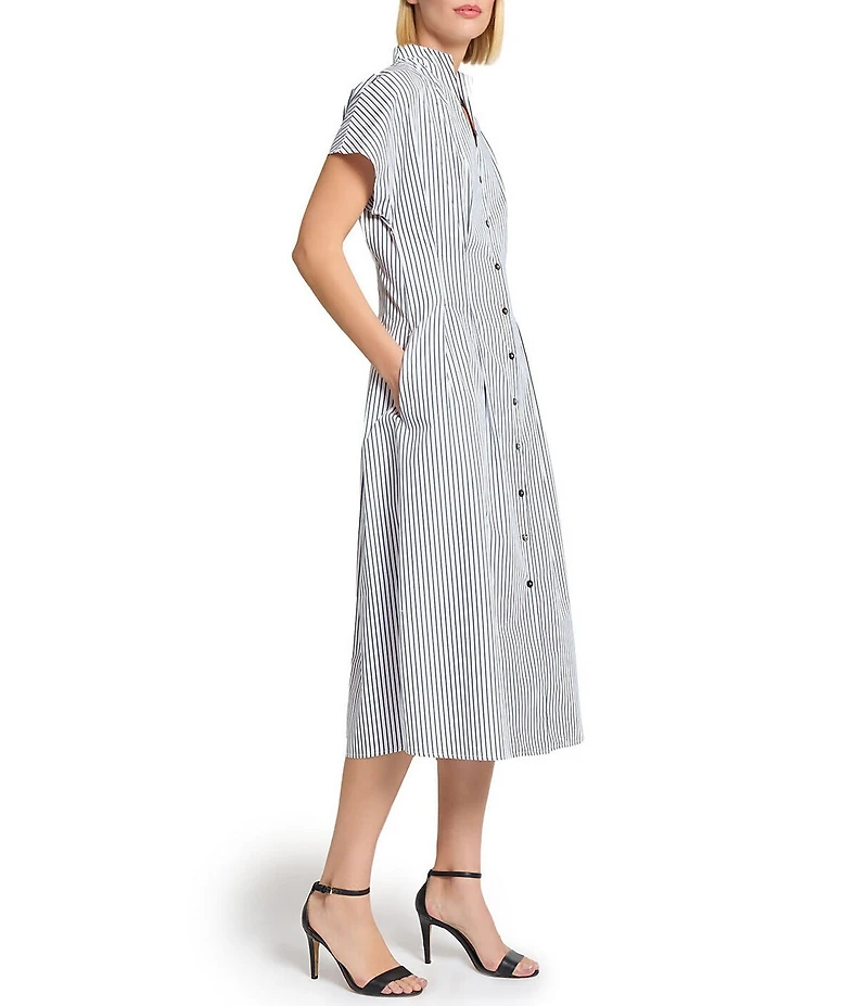 Ming Wang x Tanya Foster Cotton Pinstripe Stand Collar Short Sleeve Fit-And-Flare Dress