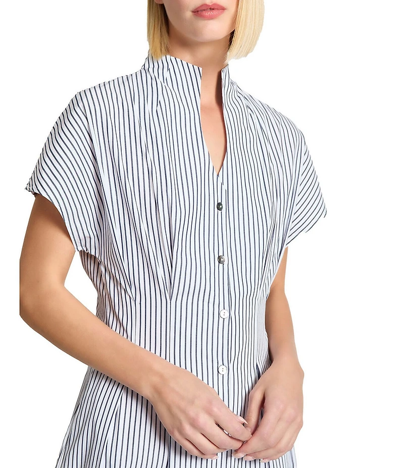 Ming Wang x Tanya Foster Cotton Pinstripe Stand Collar Short Sleeve Fit-And-Flare Dress