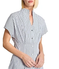 Ming Wang x Tanya Foster Cotton Pinstripe Stand Collar Short Sleeve Fit-And-Flare Dress