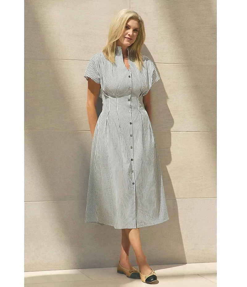 Ming Wang x Tanya Foster Cotton Pinstripe Stand Collar Short Sleeve Fit-And-Flare Dress