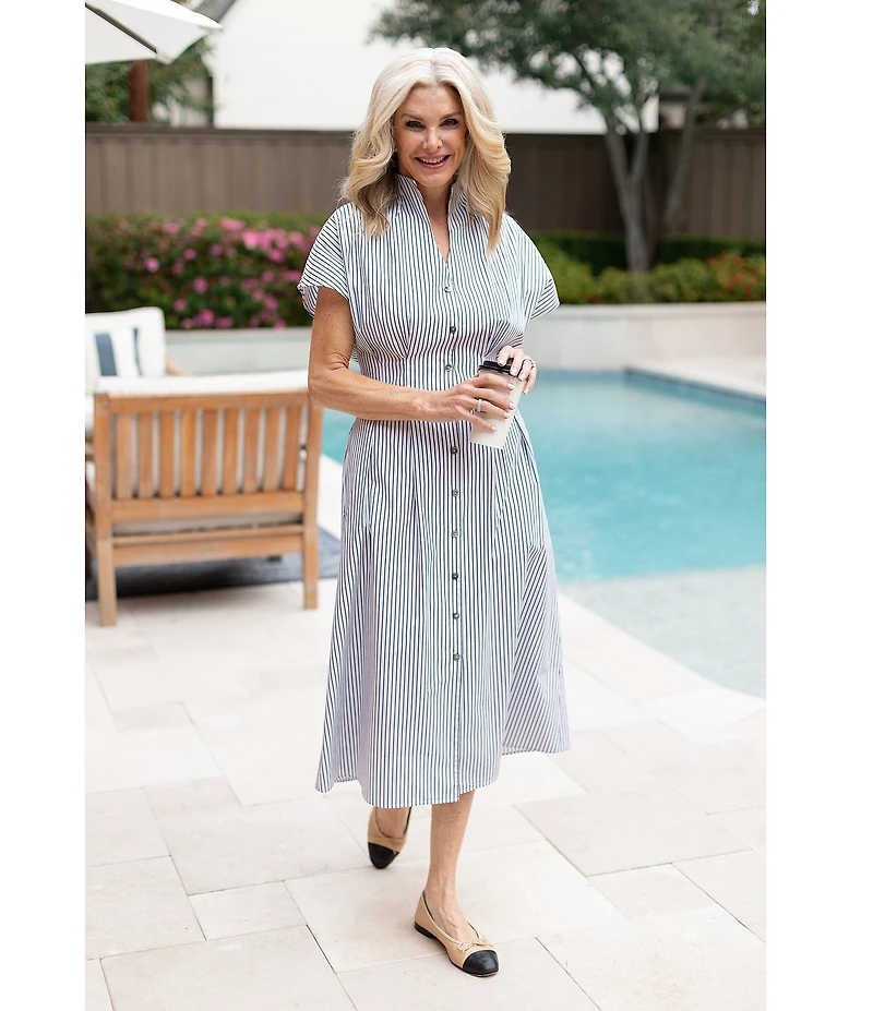 Ming Wang x Tanya Foster Cotton Pinstripe Stand Collar Short Sleeve Fit-And-Flare Dress