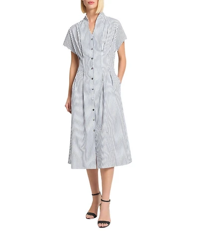 Ming Wang x Tanya Foster Cotton Pinstripe Stand Collar Short Sleeve Fit-And-Flare Dress