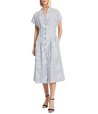 Ming Wang x Tanya Foster Cotton Pinstripe Stand Collar Short Sleeve Fit-And-Flare Dress