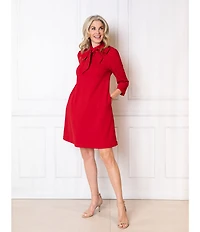 Ming Wang x Tanya Foster Deco Crepe Tie Mock Neck 3/4 Sleeve A-Line Dress