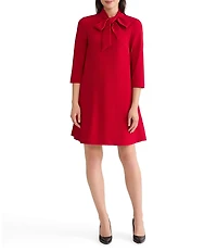Ming Wang x Tanya Foster Deco Crepe Tie Mock Neck 3/4 Sleeve A-Line Dress