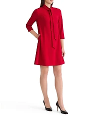Ming Wang x Tanya Foster Deco Crepe Tie Mock Neck 3/4 Sleeve A-Line Dress