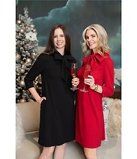 Ming Wang x Tanya Foster Deco Crepe Tie Mock Neck 3/4 Sleeve A-Line Dress