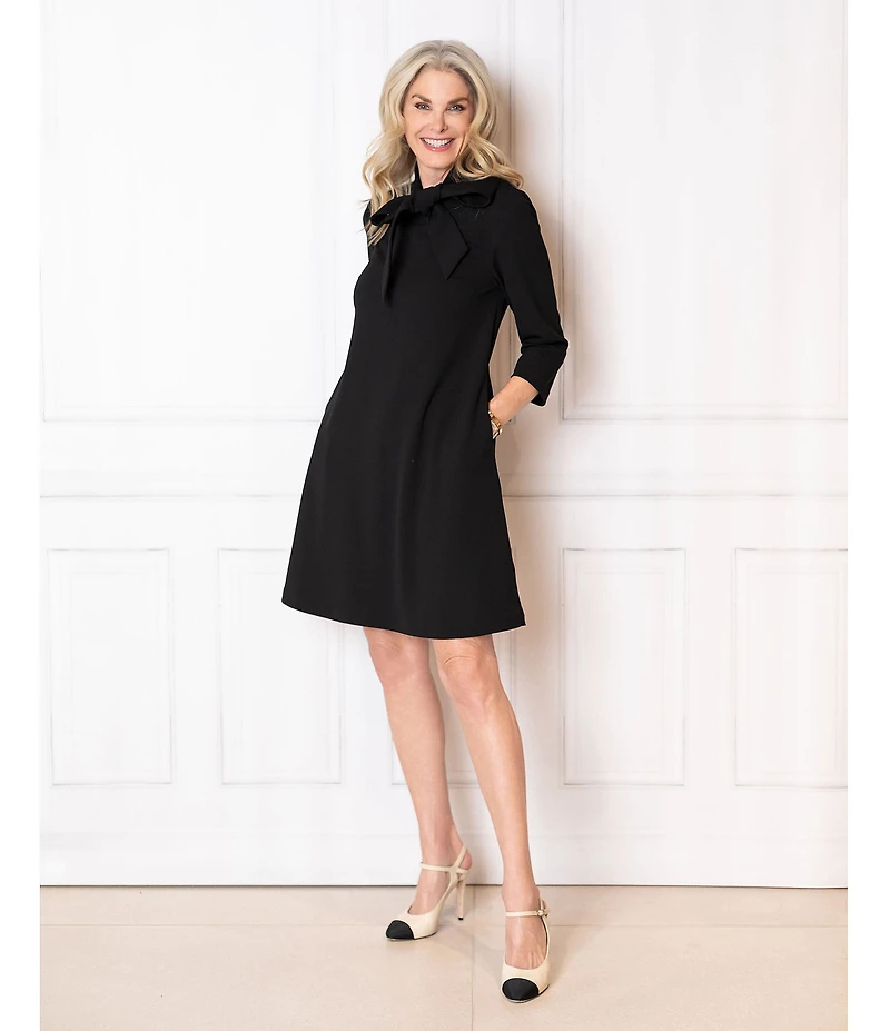 Ming Wang x Tanya Foster Deco Crepe Tie Mock Neck 3/4 Sleeve A-Line Dress