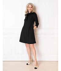 Ming Wang x Tanya Foster Deco Crepe Tie Mock Neck 3/4 Sleeve A-Line Dress