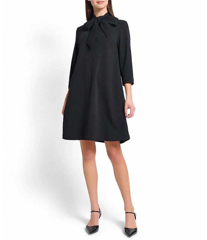 Ming Wang x Tanya Foster Deco Crepe Tie Mock Neck 3/4 Sleeve A-Line Dress