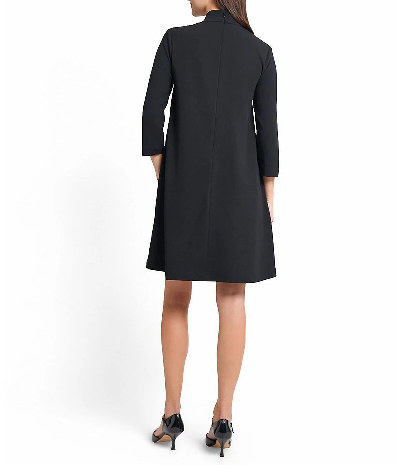 Ming Wang x Tanya Foster Deco Crepe Tie Mock Neck 3/4 Sleeve A-Line Dress