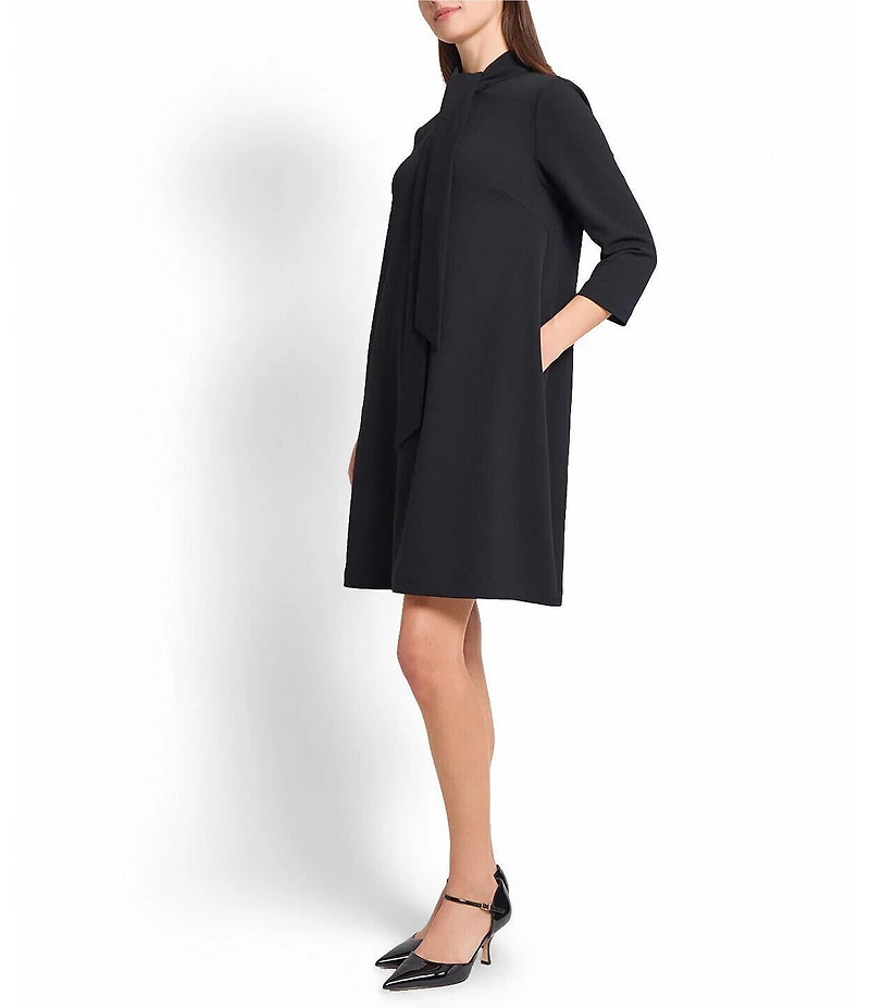 Ming Wang x Tanya Foster Deco Crepe Tie Mock Neck 3/4 Sleeve A-Line Dress