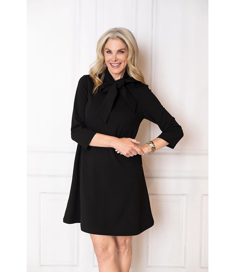 Ming Wang x Tanya Foster Deco Crepe Tie Mock Neck 3/4 Sleeve A-Line Dress