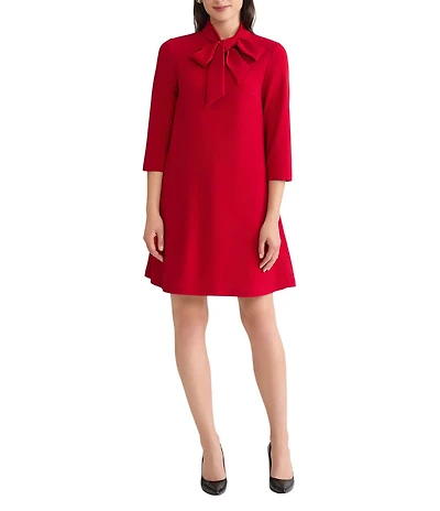 Ming Wang x Tanya Foster Deco Crepe Tie Mock Neck 3/4 Sleeve A-Line Dress