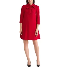 Ming Wang x Tanya Foster Deco Crepe Tie Mock Neck 3/4 Sleeve A-Line Dress
