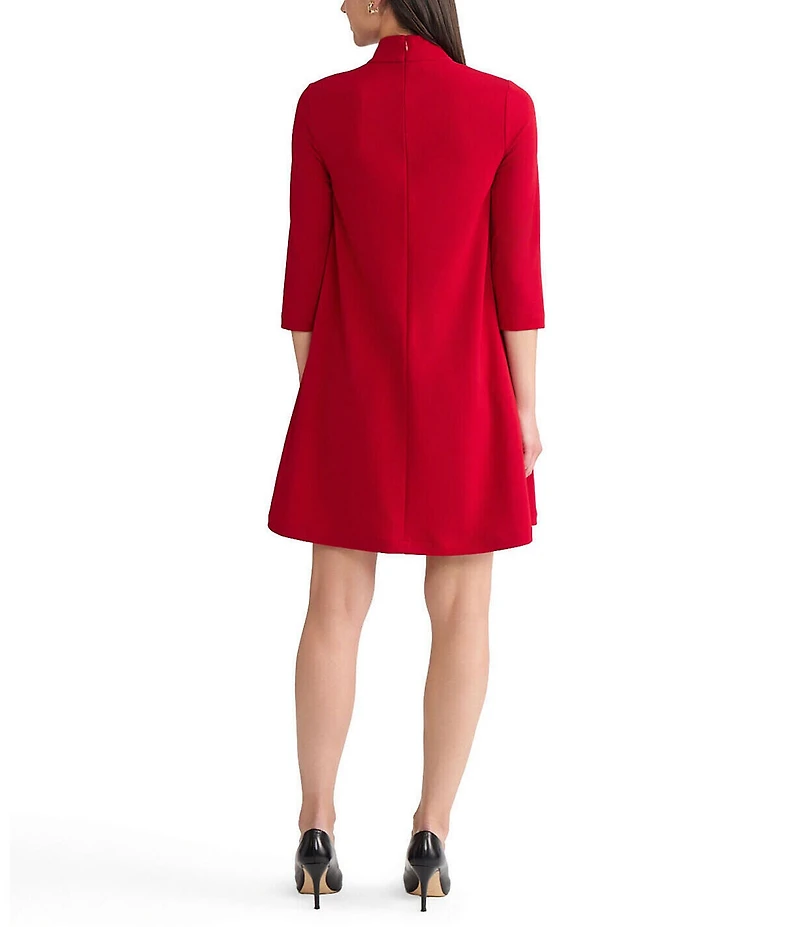 Ming Wang x Tanya Foster Deco Crepe Tie Mock Neck 3/4 Sleeve A-Line Dress