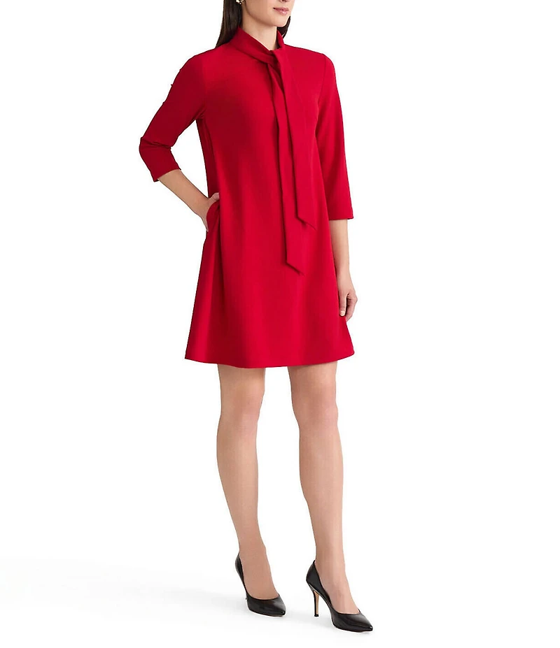 Ming Wang x Tanya Foster Deco Crepe Tie Mock Neck 3/4 Sleeve A-Line Dress