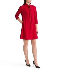 Ming Wang x Tanya Foster Deco Crepe Tie Mock Neck 3/4 Sleeve A-Line Dress