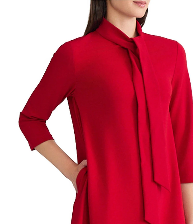 Ming Wang x Tanya Foster Deco Crepe Tie Mock Neck 3/4 Sleeve A-Line Dress