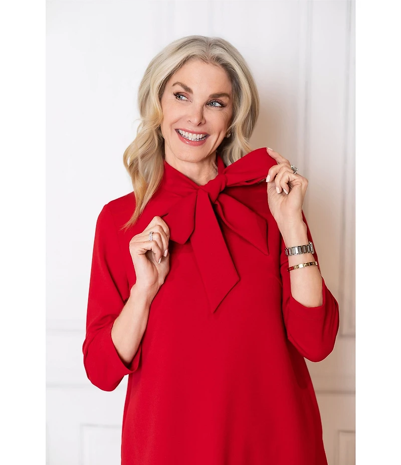 Ming Wang x Tanya Foster Deco Crepe Tie Mock Neck 3/4 Sleeve A-Line Dress