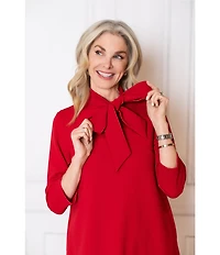 Ming Wang x Tanya Foster Deco Crepe Tie Mock Neck 3/4 Sleeve A-Line Dress