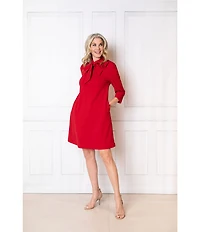 Ming Wang x Tanya Foster Deco Crepe Tie Mock Neck 3/4 Sleeve A-Line Dress