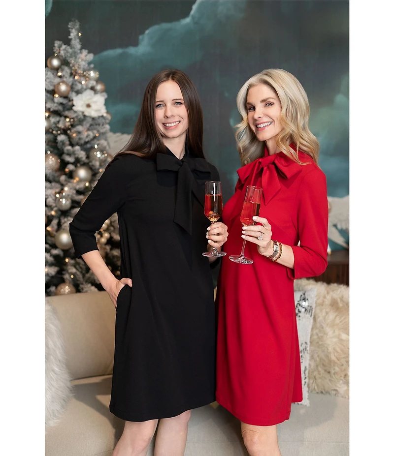 Ming Wang x Tanya Foster Deco Crepe Tie Mock Neck 3/4 Sleeve A-Line Dress