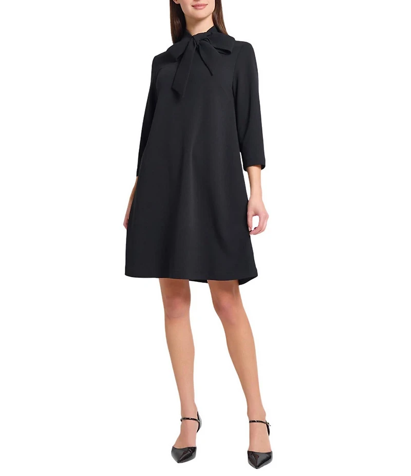 Ming Wang x Tanya Foster Deco Crepe Tie Mock Neck 3/4 Sleeve A-Line Dress