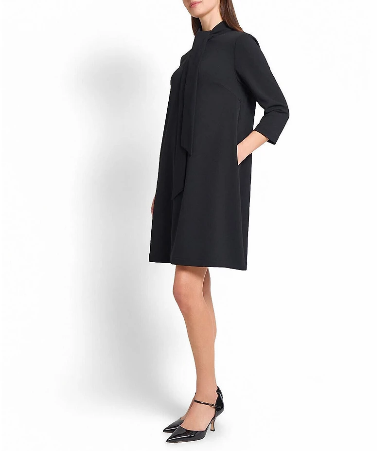 Ming Wang x Tanya Foster Deco Crepe Tie Mock Neck 3/4 Sleeve A-Line Dress