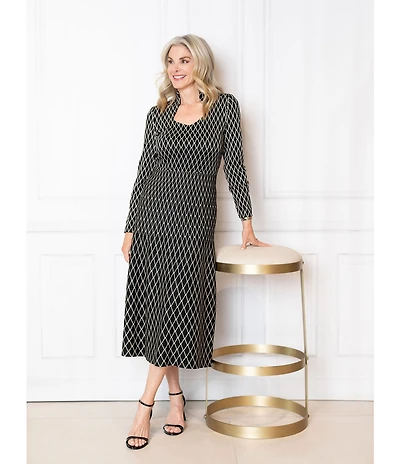 Ming Wang x Tanya Foster Diamond Pattern Soft Knit Stand Collar Long Sleeve Dress