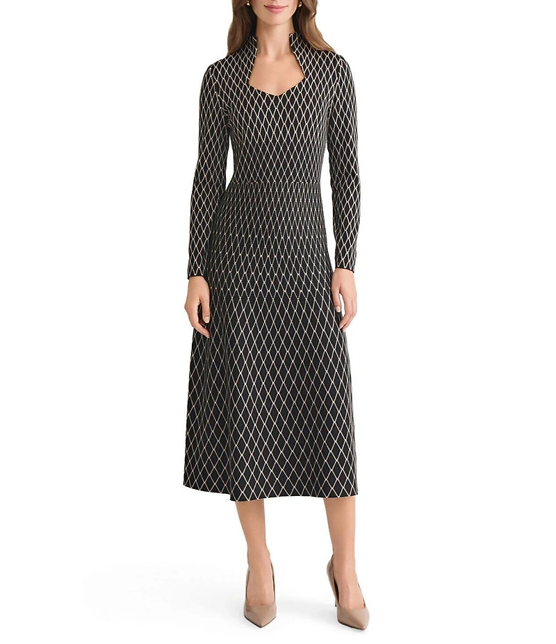 Ming Wang x Tanya Foster Diamond Pattern Soft Knit Stand Collar Long Sleeve Dress