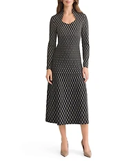 Ming Wang x Tanya Foster Diamond Pattern Soft Knit Stand Collar Long Sleeve Dress