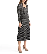 Ming Wang x Tanya Foster Diamond Pattern Soft Knit Stand Collar Long Sleeve Dress