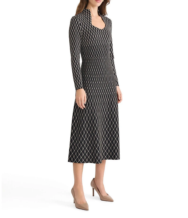 Ming Wang x Tanya Foster Diamond Pattern Soft Knit Stand Collar Long Sleeve Dress