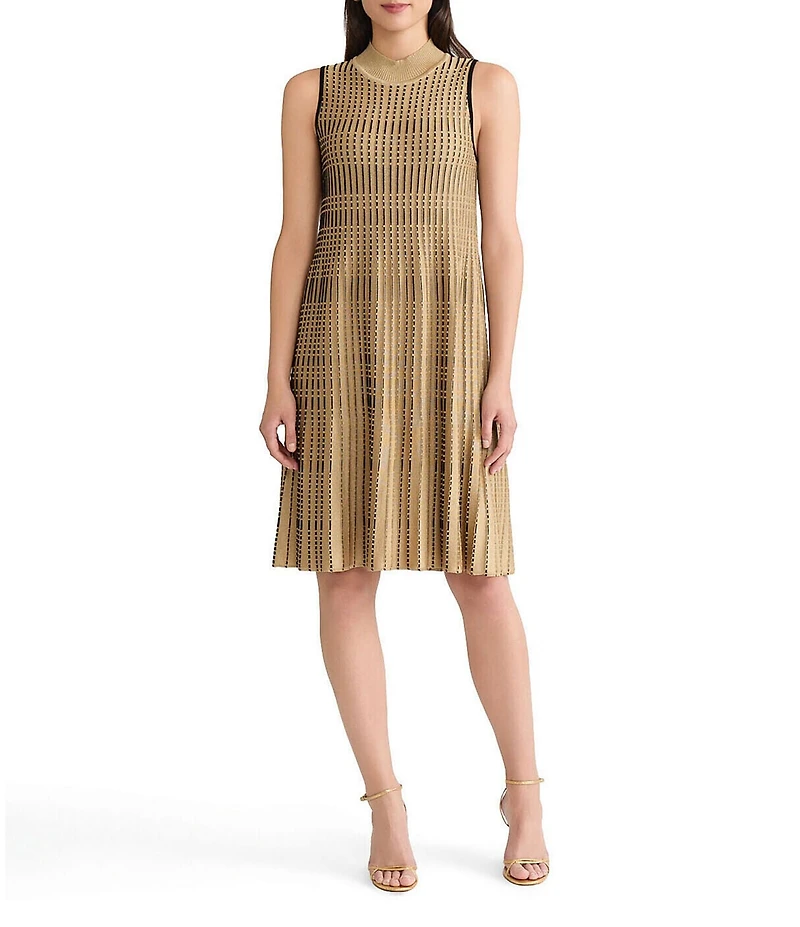 Ming Wang x Tanya Foster Linear Lurex Faux Pleat Soft Knit Mock Neck Sleeveless Dress