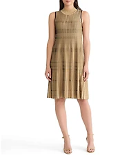 Ming Wang x Tanya Foster Linear Lurex Faux Pleat Soft Knit Mock Neck Sleeveless Dress