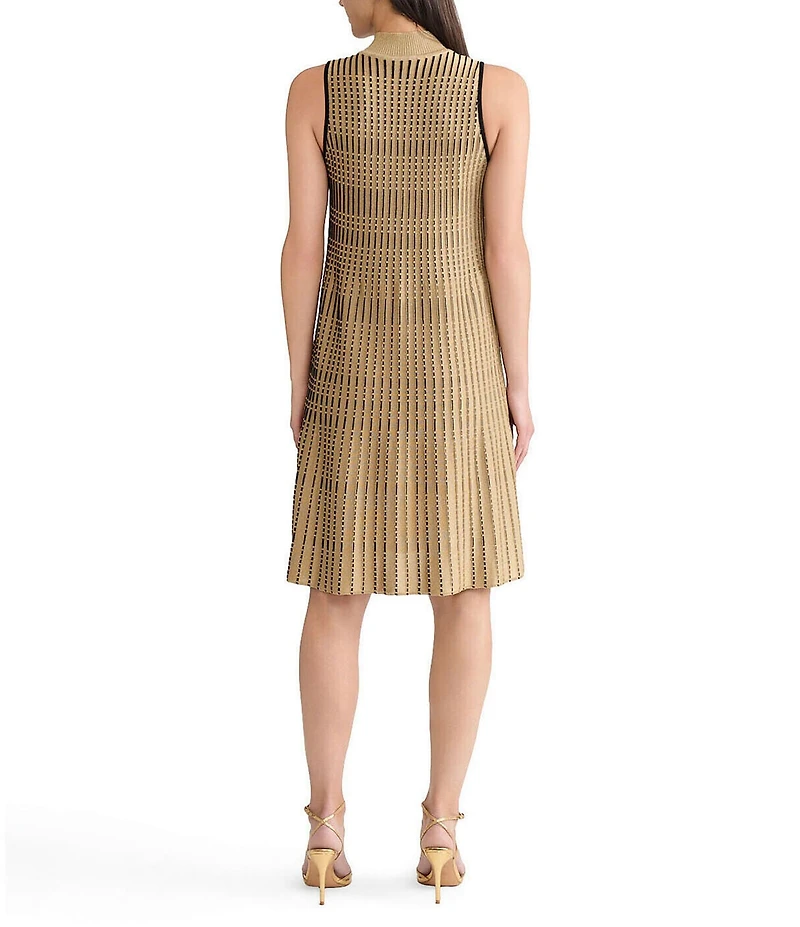 Ming Wang x Tanya Foster Linear Lurex Faux Pleat Soft Knit Mock Neck Sleeveless Dress